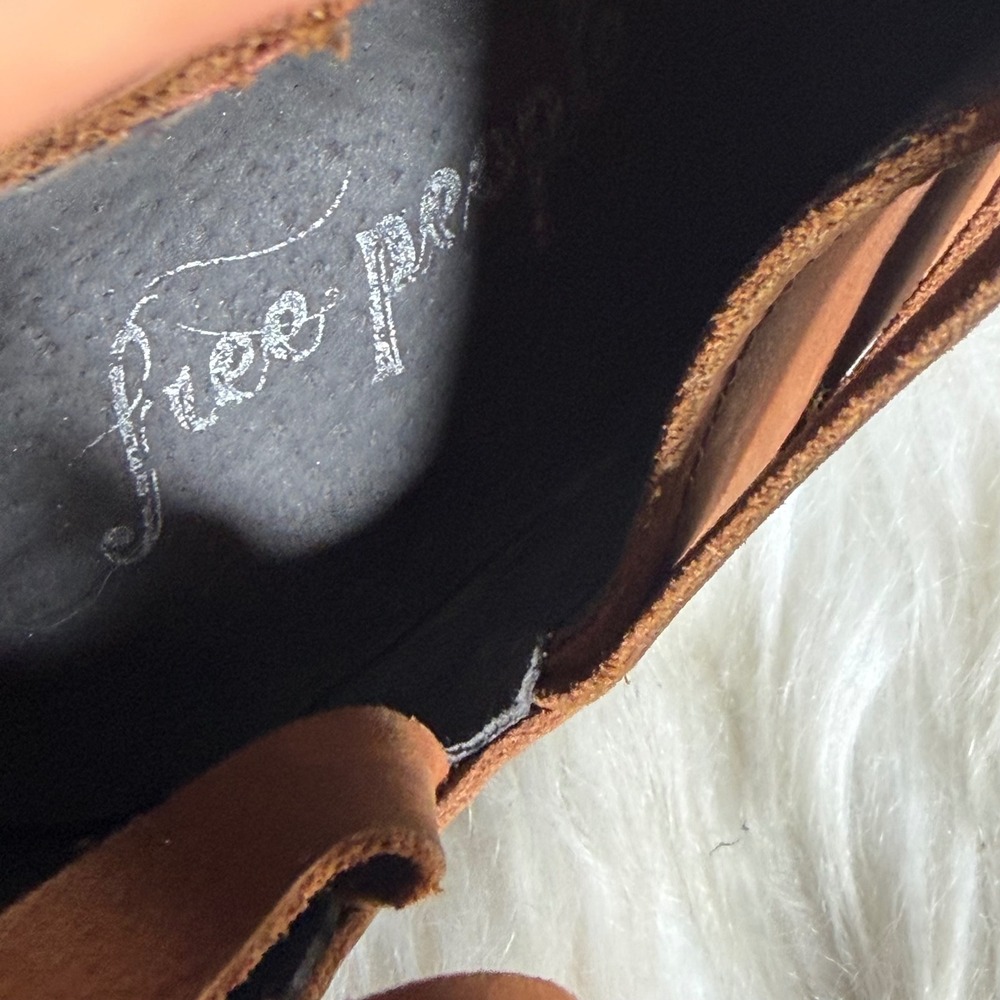 Free People Joe Tan Leather Strappy Block Heel Ankle Boots Brown Boho Zip Back - Picture 8 of 12